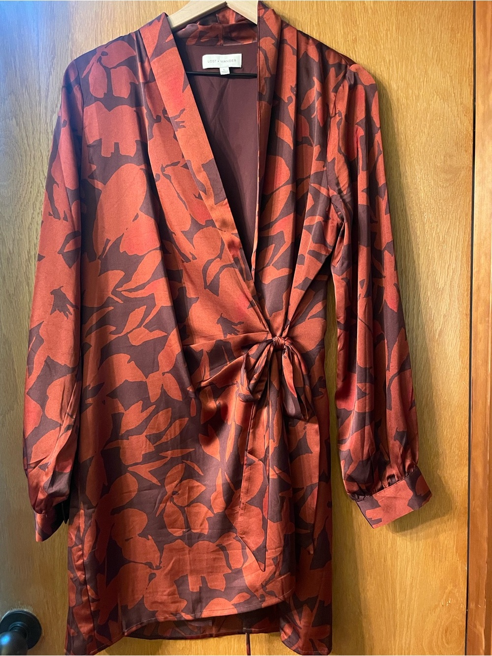NWOT Lost + Wander Rust Tie-Waist Satin Wrap Dress